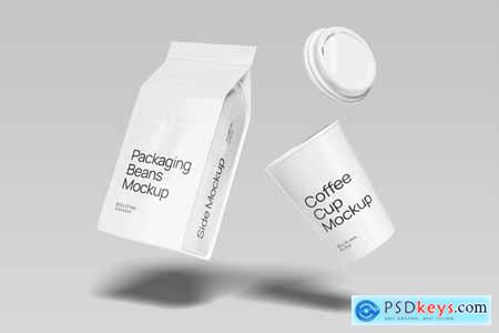 Coffee Cup and Packaging Beans Mockup
