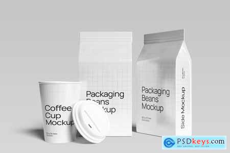 Coffee Cup and Packaging Beans Mockup