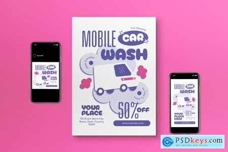 Purple Flat Design Mobile Car Wash Flyer Set