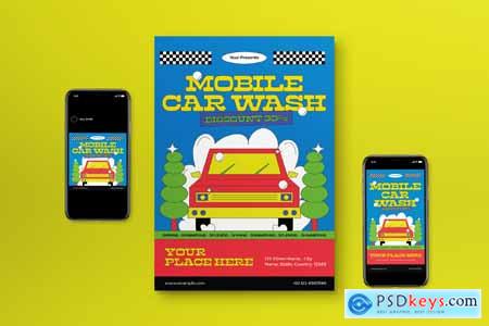 Blue Retro Mobile Car Wash Flyer Set