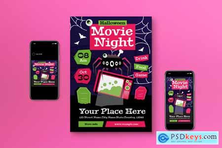 Purple Flat Design Halloween Movie Night Flyer Set