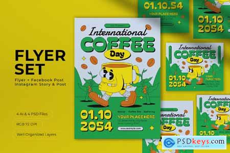 Green Cartoon International Coffee Day Flyer Set