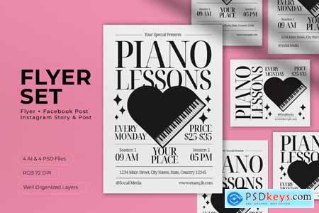 Monochrome Minimalist Piano Lessons Flyer Set