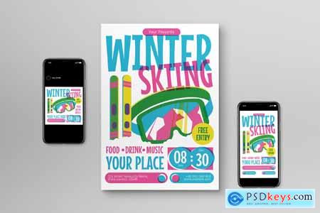 Blue And Pink Riso Graph Winter Skiing Flyer Set