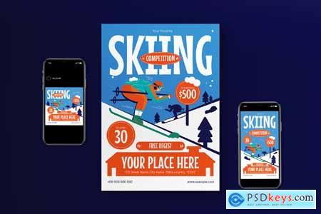 Blue Flat Design Skiing Competition Flyer Set