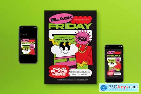 Black Green Retro Cartoon Black Friday Flyer Set