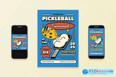 Blue Retro Cartoon Pickleball Tournament Flyer Set