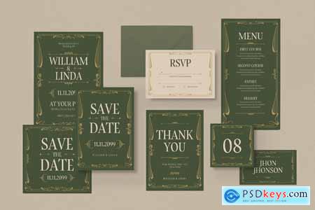 Green Victorian Wedding Invitation Suite