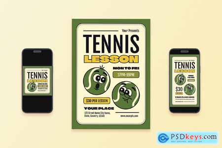 Green Retro Cartoon Tennis Lesson Flyer Set