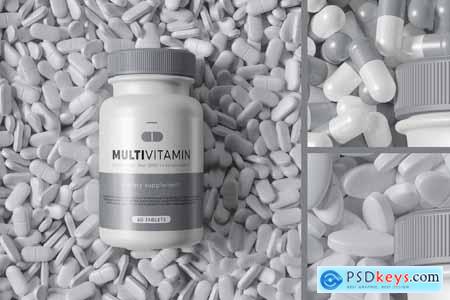 Supplement Bottle on a Pile of Pills Mockup