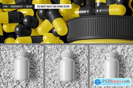 Supplement Bottle on a Pile of Pills Mockup