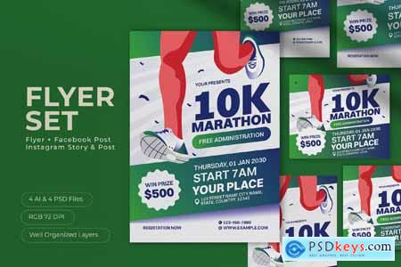 Green Gradient Flat Design 10K Marathon Flyer Set