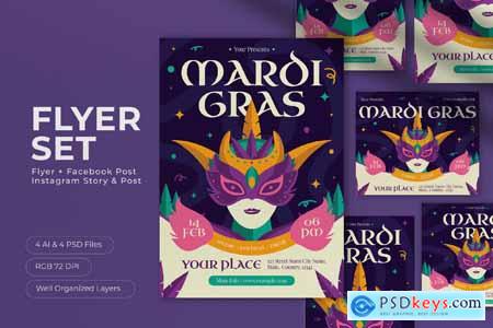 Purple Yellow Playful Quirky Mardi Gras Flyer Set