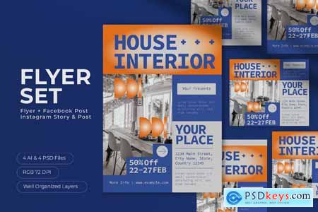 Blue Gray Utilitarian House Interior Flyer Set