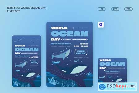 Blue Flat World Ocean Day Flyer Set 004