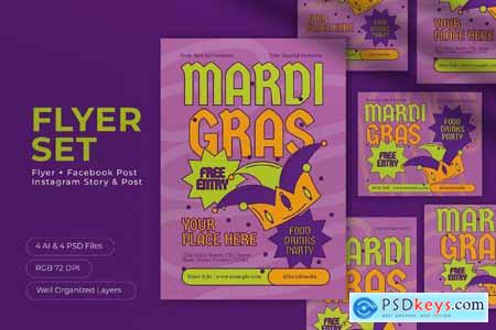 Purple Quirky Illustration Mardi Gras Flyer Set