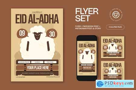 Cream Quirky Illustration Eid al-Adha Flyer Set