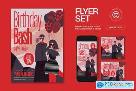 Red Bold Illustration Birthday Bash Flyer Set