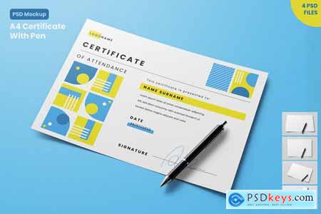 Horizontal A4 Certificate With Pen Mockup