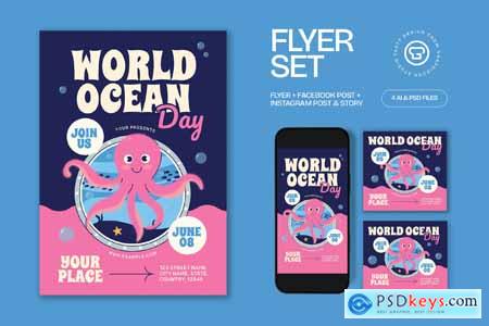 Pink Purple Quirky World Ocean Day Flyer Set