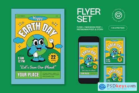 Blue Green Retro Earth Day Flyer Set