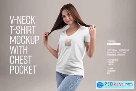 2 Mockup Woman V-Neck T-Shirt with a Chest Pocket