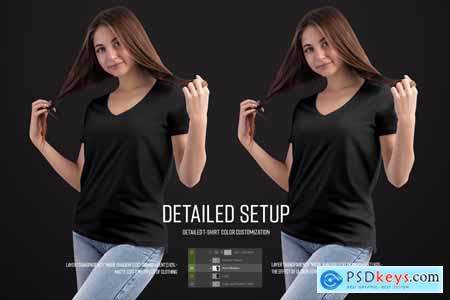2 Mockup Woman V-Neck T-Shirt with a Chest Pocket
