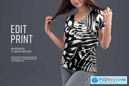 2 Mockup Woman V-Neck T-Shirt with a Chest Pocket