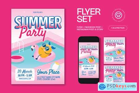 Pink Blue Retro Cartoon Summer Party Flyer Set