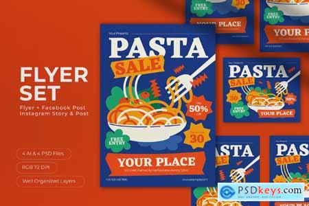 Blue Quirky Illustration Pasta Sale Flyer Set