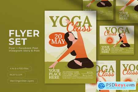 Green Quirky Illustration Yoga Class Flyer Set