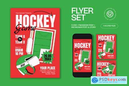 Red Quirky Illustration Hockey Game Flyer Set