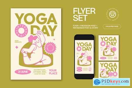 Green Quirky Illustration Day of Yoga Flyer Set Green Quirky Illustration Day of Yoga Flyer Set