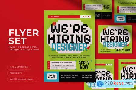 Yellow Pixelated We're Hiring Designer Flyer Set