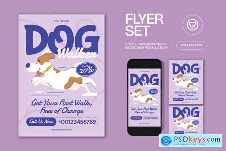 Purple Quirky Illustration Dog Walker Flyer Set
