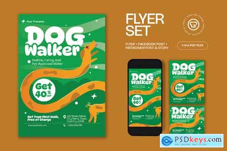 Green Quirky Illustration Dog Walker Flyer Set NJ7N4JP