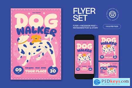 Pink Quirky Illustration Dog Walker Flyer Set