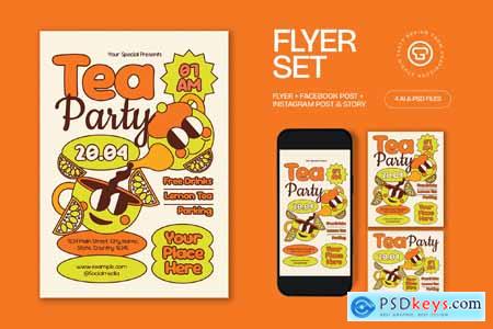 Orange Quirky Illustration Tea Party Flyer Set