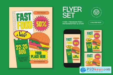 Beige Quirky Illustration Fast Food Sale Flyer Set