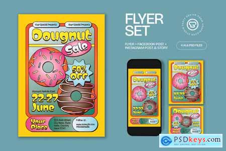 Yellow Quirky Illustration Doughnut Sale Flyer Set