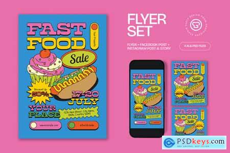 Blue Quirky Illustration Fast Food Sale Flyer Set