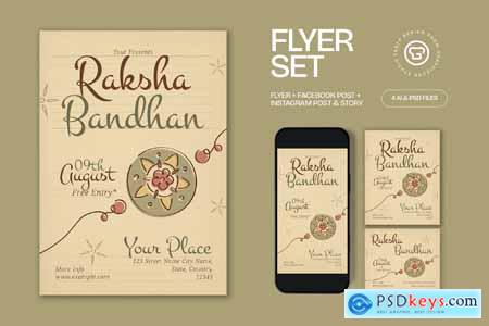 Brown Quirky Illustration Raksha Bandhan Flyer Set