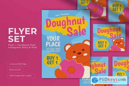 Blue Quirky Illustration Doughnut Sale Flyer Set
