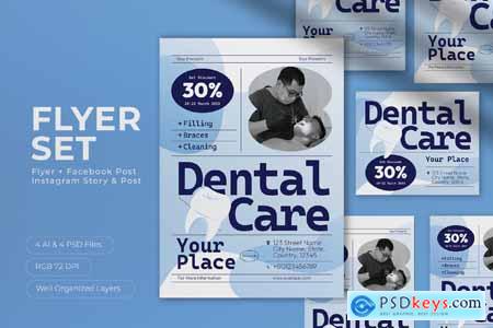 Blue White Utilitarian Dental Care Flyer Set Blue White Utilitarian Dental Care Flyer Set