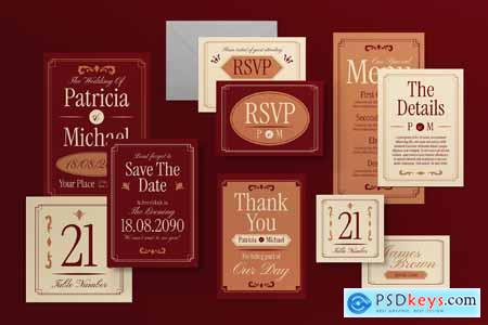 Red Vintage Aesthetic Wedding Invitation Set