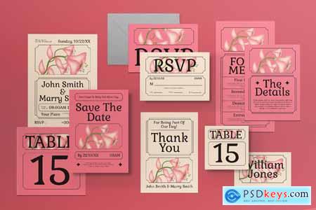 Green Pink Vintage Wedding Invitation Set