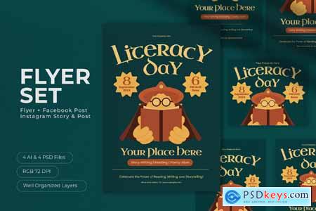 Green Quirky Illustration Literacy Day Flyer Set